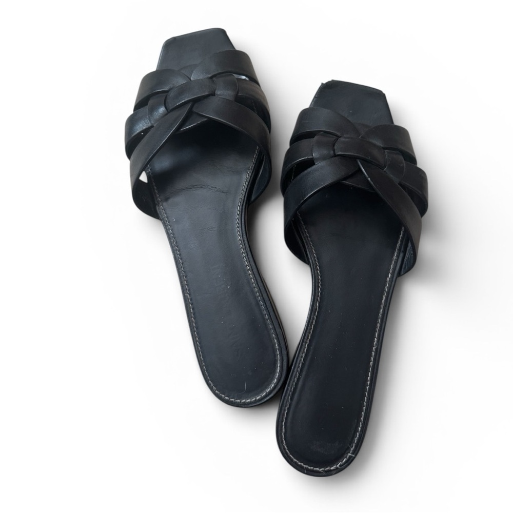 SAINT LAURENT Tribute Leather Slide Flat Sandal Black Size 35 (US 5)